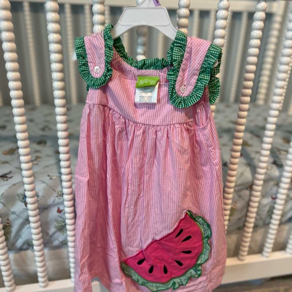 Pink Gingham Watermelon Applique Sundress with Green Ruffle Straps